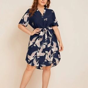 1x Navy crane print belted dress